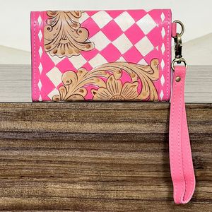 Handcrafted Women's Pink Checkered Tooled Leather Floral Design Clutch RFID Genuine Leather Cash & Card Holder Wallet for Gifts - Product Image 6
