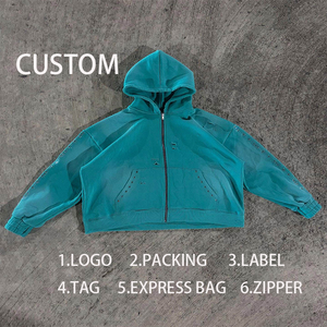 Sudadera con capucha y cremallera para hombre, estilo urbano, diseño de diamantes de imitación, 100% algodón, lavado ácido, venta al por mayor, primavera-otoño, nueva tendencia OEM - Product Image 4