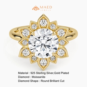 แหวนมอยซาไนต์ทรงกลม แหวนทองคำประดับเพชรสำหรับผู้หญิง ลายดอกไม้ แหวนหมั้น ของขวัญสำหรับเจ้าสาว เครื่องประดับแฟชั่น สง่างาม คลาสสิก - Product Image 6