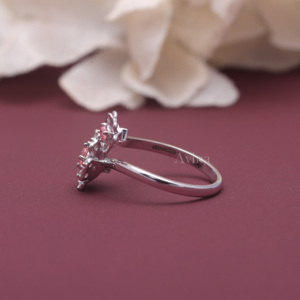 Bague ouverte florale en argent sterling 925 massif avec diamants ronds roses et blancs cultivés en laboratoire certifiés IGI, motif double fleur - Product Image 2
