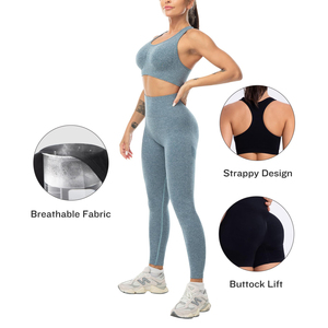 Women Gray Seamless Yoga Set Sports <b>Bra</b> High Waist Leggings 3 Piece Workout Activewear Full Length <b>Racerback</b> Crop Top - Product Image 4