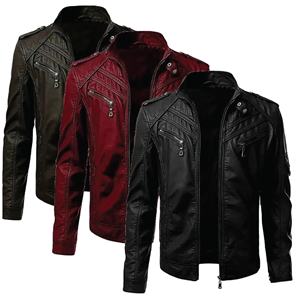 Veste de moto en cuir PU pour homme, col montant, fermeture éclair, couleur unie, coupe ajustée, longueur normale, hiver, séchage rapide, respirante - Product Image 5