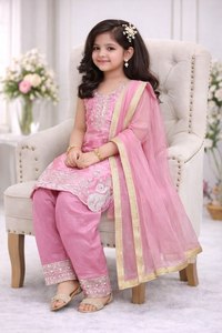 Girls Pink Embroidered Silk Salwar Kameez Set with Dupatta Traditional <b>Wedding</b> & Party Wear Indian Pakistani Clothing for Kids - Product Image 2