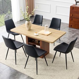 Set da Pranzo Allungabile 59-71 Pollici con Tavolo Estraibile e 6 Sedie in PU Artificiale Nero, Design Curvo e Allargato - Product Image 3