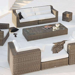 Fauteuil d'extérieur en osier avec coussin blanc, canapé de jardin contemporain une place en rotin PE, mobilier imperméable - Product Image 6