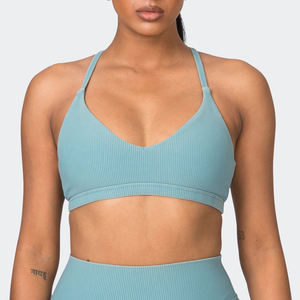 Light <b>Blue</b> Ribbed Sports <b>Bra</b> With Cut-Out Detail And Thin Straps Medium Support Yoga Fitness Top - Product Image 1