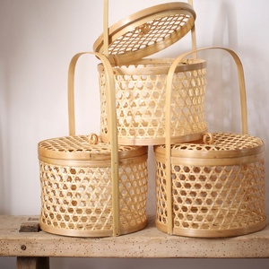 กล่องไม้ไผ่สานทรงกลมแบบเปิดฝาพร้อมหูหิ้ว ขายดีที่สุด - Product Image 1