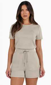 Oneten Apparels <b>Women</b> <b>2</b> <b>Piece</b> Shorts Set Beige Casual Crew Neck Top With Drawstring Pockets Summer <b>Outfit</b> - Product Image 1