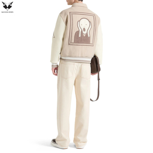 Custom Beige Wool Varsity Jacket Men Custom Embroidery Letterman Jacket Contrast Sleeves <b>Button</b> Up Winter Fashion Streetwear - Product Image 2
