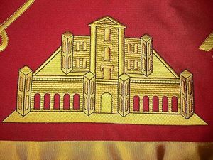 Rectangular Embroidered Apron With Masonic Symbols In <b>Red</b> And Gold Cotton Handmade For Home Decoration - Product Image 3
