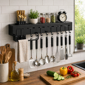 Wall-mounted <b>Storage</b> Organizer <b>Kitchen</b> Knife Spoon Utensils Wall-mounted Holder <b>Rack</b> with Towel Hanger - Product Image 1