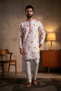 <b>Men</b> White Red Printed <b>Kurta</b> Pajama Set Regular Fit Traditional Indian Pakistani Knee-Length Cotton Casual Wear - Product Image 3