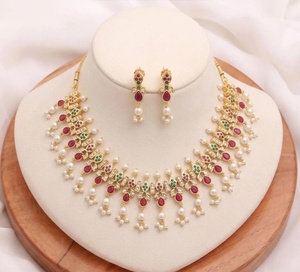 Gold Plated Brass <b>Ruby</b> Vintage Bridal <b>Necklace</b> Set South Indian Wedding & Party Engagement Statement Jewelry - Product Image 1