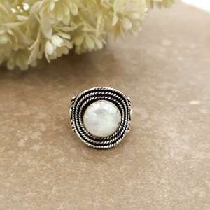 Brass S925 Sterling <b>Silver</b> Mabel Pearl <b>Ring</b> Handcrafted Vintage Bohemian Oxidized Rope Border <b>Statement</b> <b>Ring</b> for Women - Product Image 2