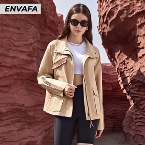 Abrigo Personalizado para Mujer, Chaqueta de Primavera con Bolsillos Grandes y Detalles en Cuero, Abrigo Corto Tipo Gabardina al por Mayor, OEM ODM - Product Image 1