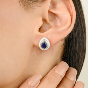 14K White Gold Pear Cut Blue Sapphire Solitaire Halo Stud <b>Earrings</b> - Product Image 1