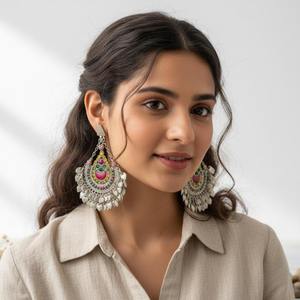 Boucles d'oreilles chandelier tribales afghanes élaborées, ornées de cascades de pièces de monnaie à trois niveaux, de montures en pierre turquoise polie et de détails complexes - Product Image 6