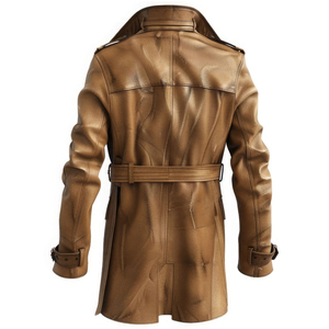 Abrigo de cuero genuino marrón para hombre, estilo trench, doble botonadura, solapa con muescas, largo hasta la rodilla, con cinturón y cierre de botones. - Product Image 2