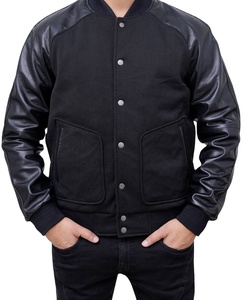 Blousons universitaires pour hommes 2026 en gros – Blousons Letterman personnalisés en mélange de laine noir avec manches en cuir - Product Image 1