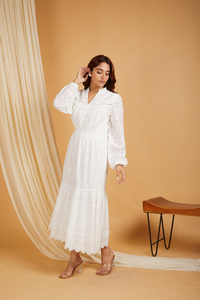 Custom Summer White Eyelet Embroidered Midi <b>Dress</b> V-Neck Puff Sleeve Smocked Waist Tiered Hem Cotton Boho Casual <b>Dress</b> For Women - Product Image 1