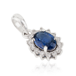 Prix de gros usine – Nouveautés bijoux : Pendentif en or blanc 14 carats pur avec saphir bleu et diamants en grappe - Product Image 3