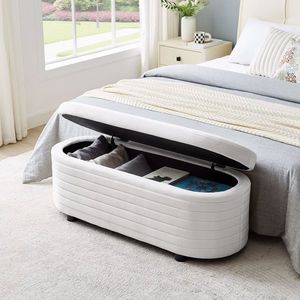 Panca e Pouf Multifunzionale in Velluto Bianco con Vano Contenitore - Product Image 3