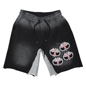 acid wash shorts 200gsm black <b>elastic</b> waist draw <b>cord</b> custom logo heat transfer screen print acid wash men's shorts - Product Image 4