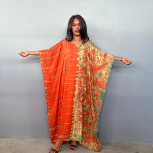 Kaftan en rayonne tie-dye orange pour femme, idéal pour la plage, les vacances, les croisières et les soirées à la piscine - Product Image 1