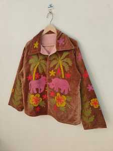 Blouson bomber en velours fait main, motif animalier Suzani, écologique, réversible, respirant, court, style bohème avec broderie florale - Product Image 3