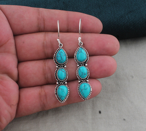Boucles d'oreilles pendantes en argent sterling 925 avec serti clos en jade violet, 3 pierres en forme de goutte, bijoux de luxe unisexe pour femmes, vente en gros - Product Image 5
