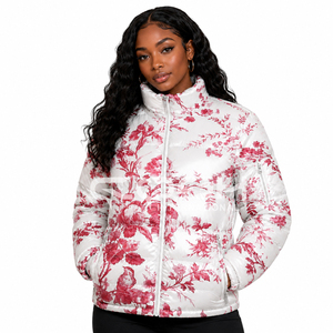 Cosh International Women's Lightweight Sublimation Custom <b>Pink</b> White Flower Wholesale Quilted Puffer <b>Jacket</b> - Product Image 1