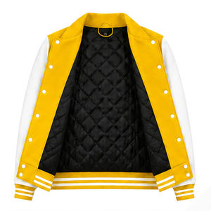<b>Men</b> Yellow Varsity <b>Jacket</b> <b>White</b> Sleeve Solid Color Casual Wear Fleece Material Turn-down Collar Regular Fit Autumn Wear - Product Image 5