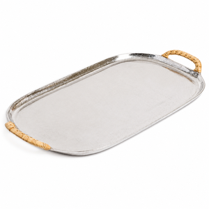 Luxury <b>Silver</b> Polished Metal Serving Tray with Hand-Woven Rattan Handles Decorative Oval Platter for <b>Coffee</b> <b>Table</b> Home Decor - Product Image 1
