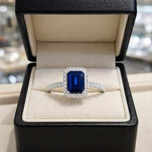 แหวนแต่งงานพลอยไพลินทรงเหลี่ยมมรกต เงินแท้ 925 แหวนสัญญาสำหรับผู้หญิงทุกขนาด - Product Image 1