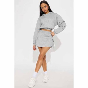 <b>Women</b> 2 Piece <b>Set</b> Cropped Hoodie With Cargo Pockets And Matching Skirt Gray Casual Loose Fit All Seasons Sweatshirt Outfit - Product Image 6