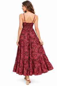 Robe longue bohème rouge à fleurs pour femme, col en V, bretelles spaghetti, coupe trapèze, ourlet à volants, ample, décontractée pour l'été - Product Image 2