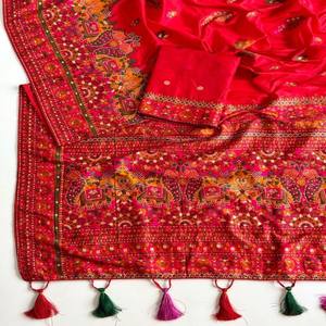 VASTRA COTTAGE Sari de Seda Pura Rajwadi Pashmina con Pallu de Hilo Cachemir, Borde Pesado y Borlas, con Pieza de Blusa - Product Image 3