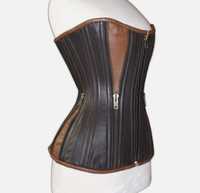 Ensemble de lingerie sculptante pour femme en cuir véritable, marron foncé et marron clair, ODM, tissé, haute compression, avec fermeture éclair latérale fonctionnelle