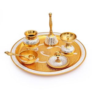 Gold Plated Metal Puja Thali Set Round Religious Prayer Tray <b>Kit</b> with Embossed Floral Pattern for Home Wedding Gift - Product Image 5
