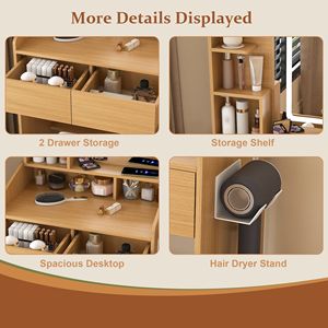 "Compact <b>Makeup</b> Vanity Table with LED <b>Mirror</b> Power Outlet Hairdryer Holder & Stool for Small Bedrooms" - Product Image 6