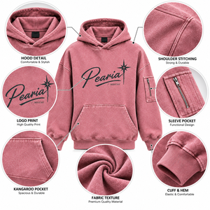 Sweat-shirt à capuche rose délavé pour homme, pull décontracté avec poche avant et poche zippée sur la manche - Product Image 5
