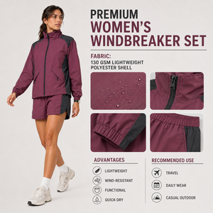 Ensemble de shorts sportifs 2 pièces pour femmes, couleur bordeaux, veste en polyester à séchage rapide avec poche, coupe classique, vêtements de printemps et d'été - Product Image 6