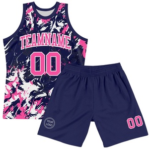 Conjunto de Uniforme de Baloncesto Sublimado Personalizado, Rosa, Azul Marino, Blanco, Estampado Abstracto, Transpirable, Poliéster, Unisex para Adultos - Product Image 1