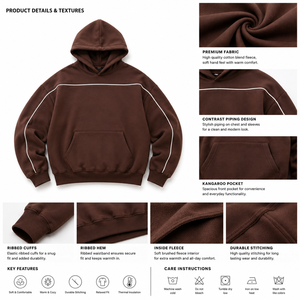 OME Custom Oversized Hoodie Brown Pullover Streetwear Sweatshirt Contrast Piping Y2K OEM Wholesale Private Label Supplier USA - Product Image 5