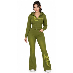 Conjunto Deportivo con Capucha para Mujer, Color Verde Oliva, Marca Yourbrand, Manga Larga, Cierre Frontal con Cremallera, Estampado de Letras, Dobladillo Dividido, Estilo Urbano - Product Image 2