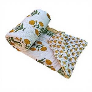 Premium 100% Cotton Yellow Floral Block Print Reversible Razai Soft Warm <b>Winter</b> Blanket Hand Printed Ethnic Indian Bed <b>Quilt</b> - Product Image 1
