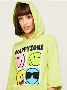 Sudadera con Capucha Verde Lima para Mujer, Estampado de Dibujos Animados Happy Zone, Talla Grande, Manga Tres Cuartos, 100% Algodón Tejido, Estilo Veraniego - Product Image 1