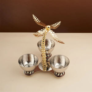 Metal Silver Cluster Bowl Features Three Compartment Hammered Pieces On Patterned Bases Around A Central Gold Palm <b>Tree</b> <b>Stand</b> - Product Image 2