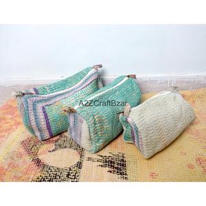 Handmade Kantha Indian Tassel Pattern Durable Cotton Zipper Closure Eco-Friendly Cosmetic <b>Bag</b> Makeup Pouch Set Women's Case - Product Image 4