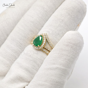 แหวนแต่งงาน/หมั้นทองคำแท้ 14k ประดับมรกตแซมเบียทรงลูกแพร์ขนาด 8x6 มม. พร้อมเพชรรอบวง ดีไซน์แหวนแยกส่วน ขนาด US-7 - Product Image 2